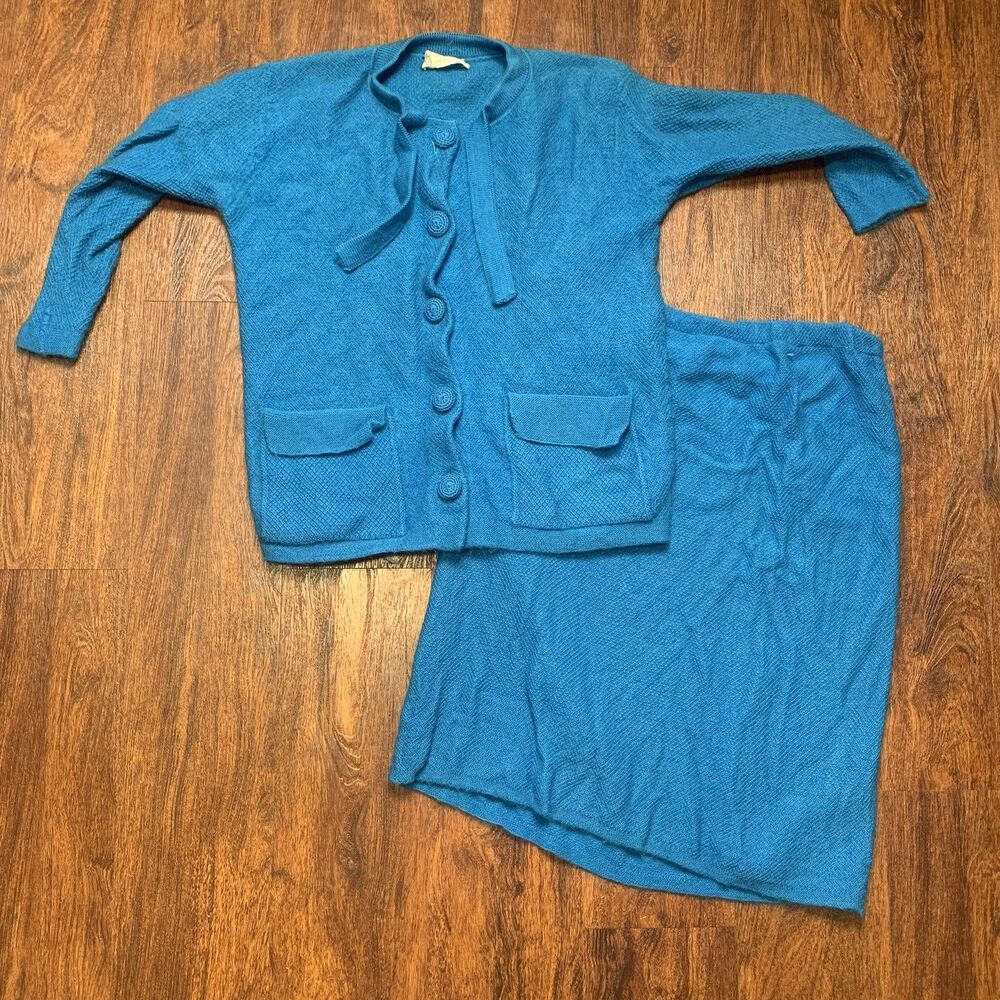 Vtg 60s Kimberly Knitwear Skirt Suit Button Top Set Blue Wool Mohair Retro MCM